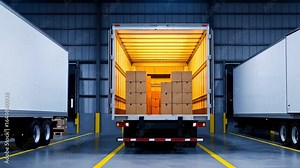 Semi-Trailers Backed Into a Loading Dock, Delivering Goods, Inside Warehouse with Trucks and Cardboard Boxes