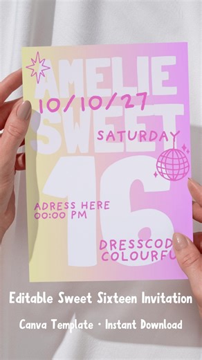 Editable 16th Birthday Invitation Template Canva, Sweet 16 Party Invite, Printable Birthday Invitation, Instant Download - Etsy