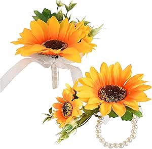 Artificial Sunflower Boutonniere, Bride and Groom Sunflower Wrist Corsage Set for Formal Parties and Weddings (1Pcs Bride Wrist Flower and 1Pcs Groom Corsage)
