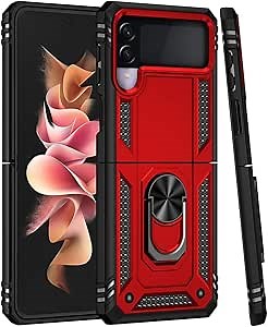 for Galaxy Z Flip 3 5G Case, for Samsung ZFlip3 SM-F711U, Military Grade Magnetic Car Ring Holder Kickstand Defender Protective Phone Cover for Samsung Galaxy Z Flip 3 5G Red
