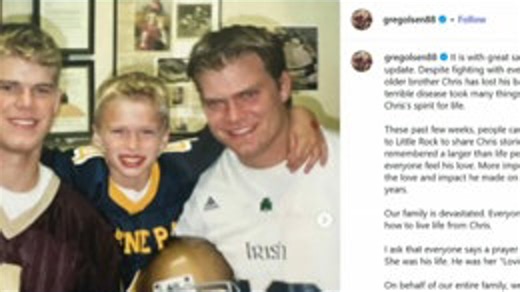 Chris Olsen, the older brother of Panthers legend Greg Olsen, died after a battle with cancer. Greg Olsen shared a heartfelt tribute to his brother on Instagram. | WCNC Charlotte