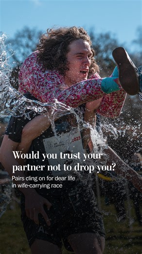 Couples cling on for dear life in wife-carrying race
