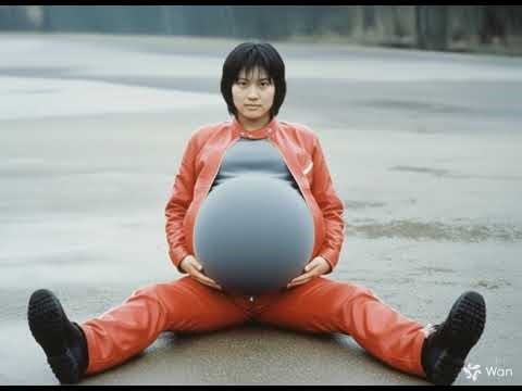 A Girl in red coverall got slowly Belly Expansion version3
