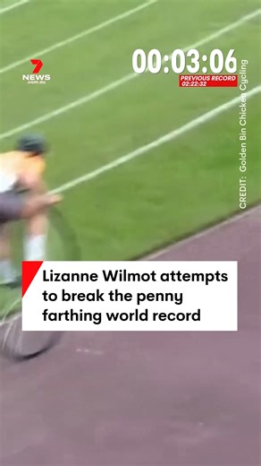 Lizanne Wilmot has smashed the world record for the fastest 1000m on a penny farthing by a woman. the previous record stood at 2:22:32 with Liz's time coming in at a record breaking 1:52:75! #pennyfarthing #pennyfarthingbicycle #worldrecord #recordbroken #guinessworldrecords #guinessworldrecordsattempt #auscycling | 7NEWS Australia