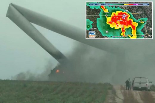 Oklahoma wind turbine bent in half, on fire, in wild video