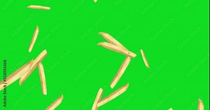 French fries. Pattern with roasted potato chips in deep fat. Fry oil potatoes on green screen chroma key. Yellow sticks. Fast Food. Unhealthy tasty food. 4K motion graphic animation upward movement