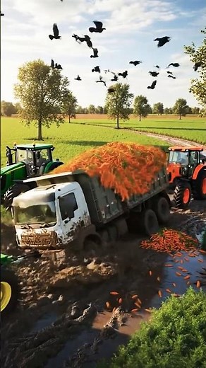 Carrot Truck Sinks in Mud! Two Tractors an Epic Rescue #CarrotTruck #TractorRescue #TractorPower