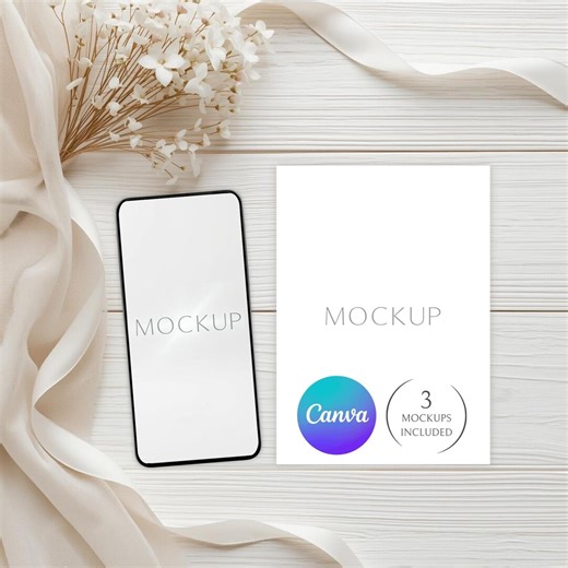 Invite and Phone Mockup, Canva Card and Phone Mockup, Wedding Invitation Mockup, 5x7 Mockup, Drag and Drop Mockup, Phone Screen Mockup - Etsy