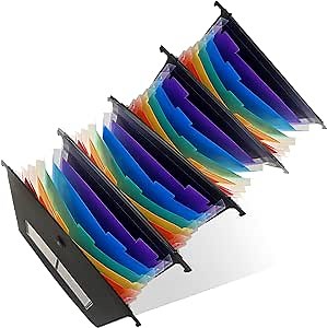 4 Pack Plastic Expanding Hanging File Folders, Large Capacity Innovative Accordion File Organizer with Retractable Hook, Multi-Color Tabs, Letter Size for Filing Cabinet (7 Pockets)