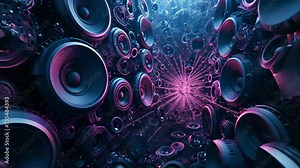 A mesmerizing sight and sound experience as a vortex of sonic energy swirls amidst an intricate arrangement of speakers.