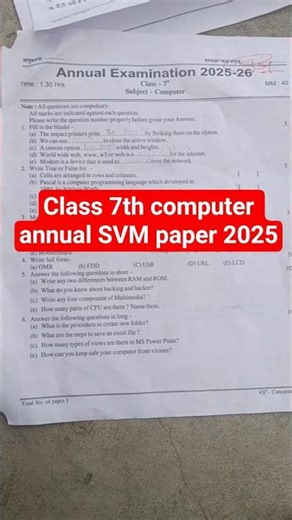 class 7th computer annual SVM paper 📜 2025 #shortsfeed #trending
