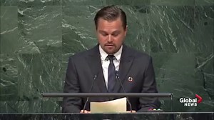 Actor Leonardo DiCaprio spoke at the United Nations General Assembly on Friday, saying that the world can not be saved from Climate change and Global warming unless fossil fuels are left in the ground. LEARN MORE: http://globalnews.ca/news/2655597/justin-trudeau-joins-world-leaders-in-nyc-to-sign-paris-climate-change-pact/ | Global News