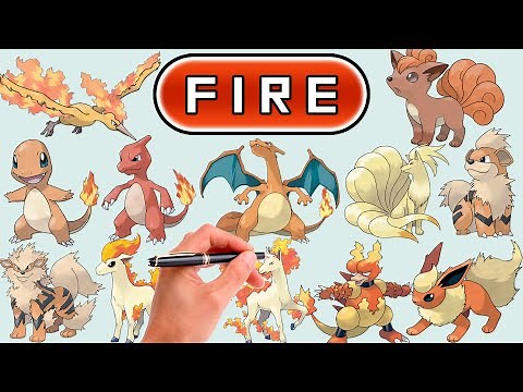 Desenhando Todos os Pokémon do Tipo FOGO da Geração 1 | Pokémon Classificados por Tipos