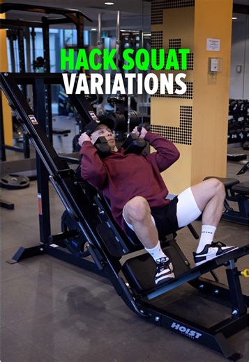 Hack Squat Variations (Know the Difference!) 1️⃣ Narrow-Stance Hack Squat (Low Foot Placement) – maximizes quad emphasis 2️⃣ Wide-Stance Hack Squat (Low Foot Placement) – increases adductor involvement while still heavily targeting the quads 3️⃣ High Foot Placement Hack Squat – shifts more load to the glutes, with strong quad contribution 4️⃣ Reverse Hack Squat (Hip-Hinge Focused) – primarily targets the glutes 5️⃣ Hack Squat Good Morning – places greater emphasis on the hamstrings Size & Shred 