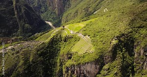 Machu Picchu Peru Aerial v11 Birdseye view flying around ancient ruins panning up