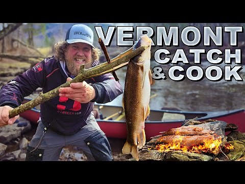 Primitive Survival Spearfishing Sucker Fish Catch & Cook in Vermont