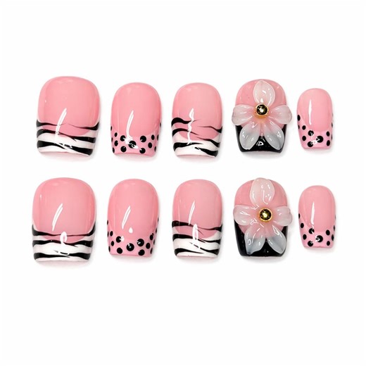 Pink Zebra Press on Nails | Floral Black & Pink Nails - Etsy