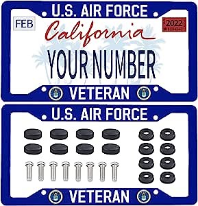 US Air Force License Plate Frames Patriotic Veteran License Plate Frame Holder Cover for Men Women Veterans Aluminum Car Plate Frame Personalized Car Tag 2 Pcs