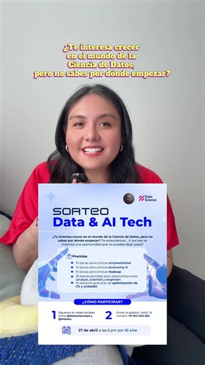 ¿Te interesa crecer en el mundo de la Ciencia de Datos, pero no sabes por dónde empezar? Te entendemos... ¡Y por eso te traemos una oportunidad que no puedes dejar pasar! Con @Data Science Research Perú 🗣️🗣️💯 Premios • 10 becas asincrónicas empleabilidad • 10 becas asincrónicas bootcamp R • 10 becas asincrónicas Hadoop • 30 becas parciales para especializaciones (analyst, scientist y engineer) • 10 sesiones gratuitas de optimización de CV y LinkedIn Síguenos en redes sociales como @datascienc