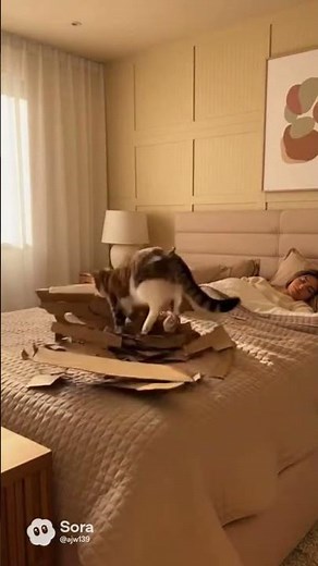 Cat builds a cardboard mountain on the bed to wake up its owner!#cat #funnycat #cute #kitty