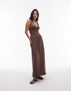 Topshop ruched waist cami maxi dress in chocolate | ASOS