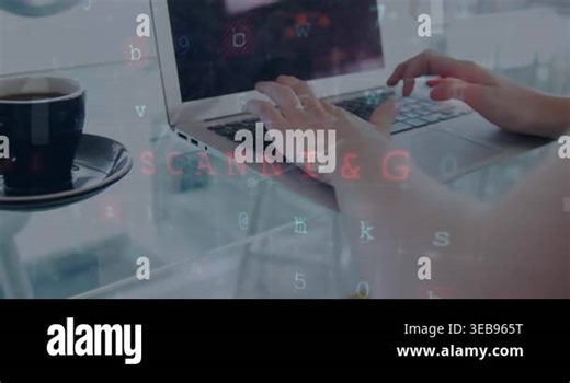 Animation of cyber security data processing against mid section of woman using laptop at a cafe. Cyber security and business technology concept Stock Video Footage - Alamy