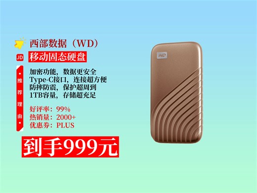 【移动固态硬盘推荐】999元拿下西部数据1TB移动硬盘！Type-C接口加密，防摔防震，USB3.2Gen2，笔记本外接超方便！