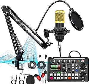 F998 Live Sound Card With DJ Mixer Effects & Voice Changer - Audio Mixer for Streaming, 16 Special Effects, Ambient Sounds, LED Light (E)