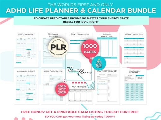 ADHD Planner PLR Bundle, 1000 Page Printable Planner Templates, Undated & 2026–2028 Calendars, Resell Rights - Etsy