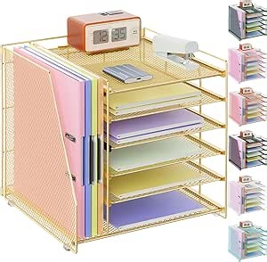 gianotter 6-Tier Paper Organizer With Magazine Holder, Desk Organizers and Accessories, Desk Accessories & Workspace Organizers, File Organizer for Office Supplies Storag (Gold, 6-Tier)