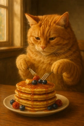 “Giant Orange Cat Cutting Fluffy Pancakes 🐱🥞 Adorable Breakfast!”