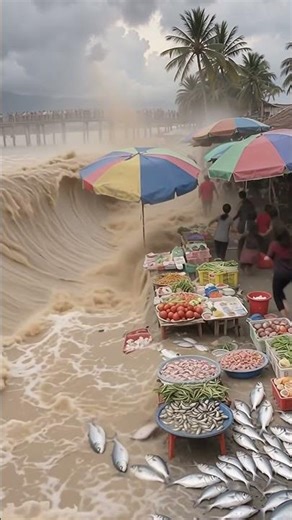 巨型惊涛突袭河边集市！摊贩游客瞬间慌了，这浪也太吓人了#巨浪来袭#河边集市#越南洪灾现场#灾难瞬间#水墙暴击#市场被冲走#真实现场记录#自然力量#极端天气 #视觉震撼 #flood #惊险瞬间