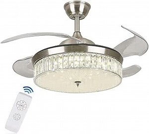 42inch Ceiling Fan Light LED Crystal Lampshades Celing Fans with Light Telescopic Fan and Chandelier W/3 Wind Speed 3 Color Temperatures Change Remote Control Indoor Kitchen Living Bedroom (Silver)