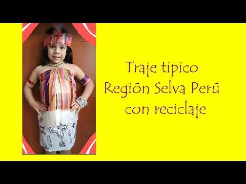 Traje típico de la selva del Perú hecho con bolsas recicladas/material reciclado.