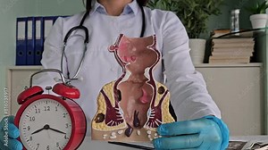 Doctor holding artificial rectum model and alarm clock. Timing and schedule for examination and treatment of rectal constipation and hemorrhoids