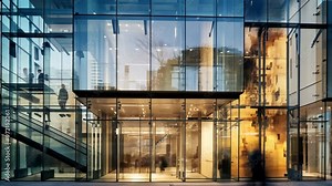 Modern Glass Facade: A sleek, contemporary building with a minimalist design, featuring a striking glass facade and a grand entrance. The building's reflective surface captures the surrounding citysca