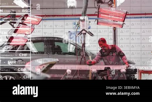 Technician reaching bench, fitting car panel ensuring fit, curing lamps, currency overlay covering. Mechanic, workshop, automotive, tools, infrared, lighting, workstation Stock Video Footage - Alamy