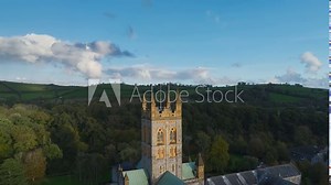 Buckfast Abbey from a drone at evening sun, Totnes, Devon, England, Europe