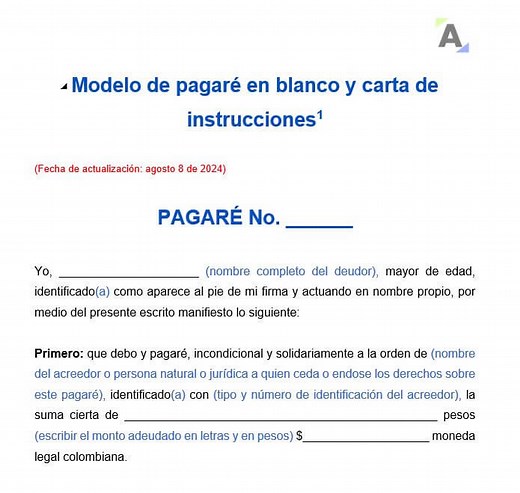 Modelo de pagaré en blanco y carta de instrucción