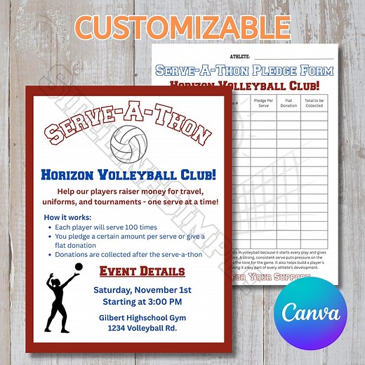 Volleyball Serve-a-thon Flyer & Pledge Form: Editable Canva Template - Etsy