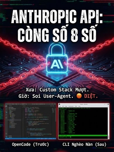 Anthropic vừa phá hủy DX của 650K developers trong một đêm 💀 Claude Pro subscription? Từng dùng được trên OpenCode, Cursor, tools xịn. Giờ? BỊ CHẶN CỨNG. Anthropic bắt dev quay về Claude CLI - interface nghèo nàn không Diff View, không review UI tử tế. Karl Seguin (real dev build DOM engine) dùng Claude Code confirm: