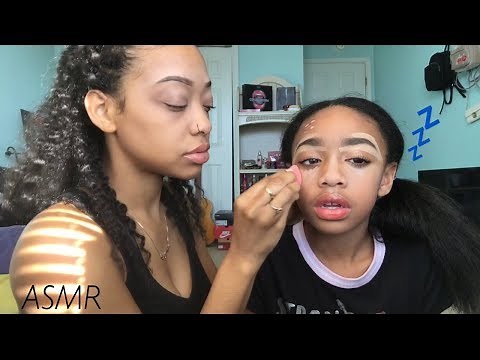 ASMR | Doing My Little Sisters Makeup | I MADE HER FALL ASLEEP !! 😴