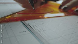 Female architect drawing with ruler and pencil, making notes in construction documentation using pencil and flat straightedge