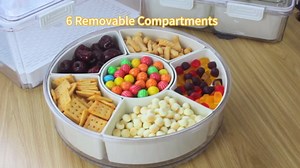 Fruit Tray Veggie Platter - 12 Inchs Snackle Box Container, Round Snack Tray, Divided Serving Tray with Lid and Handle, Great for Kitchen, Party, Trave and Picnic, 6 Compartments