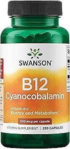 Swanson Vitamin B12 (Cyanocobalamin) - 500mcg Each, 250 Capsules - Energy, Nervous System, and Overall Wellness Support
