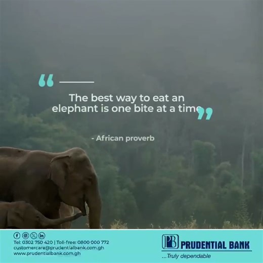 “The best way to eat an elephant is one bite at a time.” - African Proverb Big goals can feel overwhelming, but they’re achieved one step at a time. Real progress comes from focusing on what you can do right now. Start where you are, choose one small action today, and let it build your momentum forward. #MondayMotivation​ #PrudentialBankGh​ #TrulyDependable | Prudential Bank Ghana