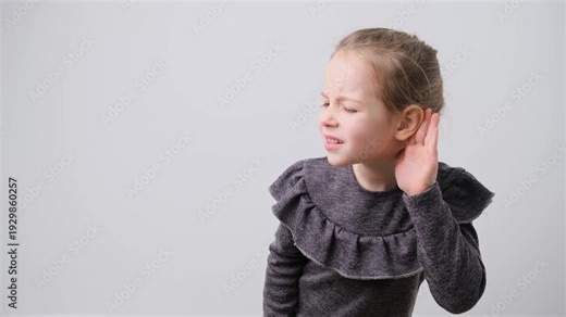 Little Girl Cannot Hear Clearly - Child Struggle to Listen, Hand to Ear - Hearing Difficulty