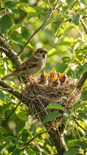 A Mother Sparrow’s Love: Feeding Time in Nature 🌱