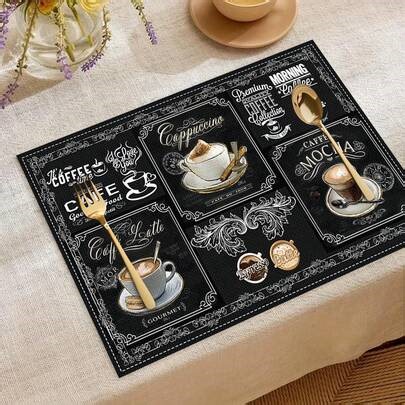 1/4/6pcs Coffee Tableware Set, Printed By Italian Espresso Coffee Maker With Black Coffee Life Theme, Washable Heat-Resistant Placemats For Table Parties. | SHEIN