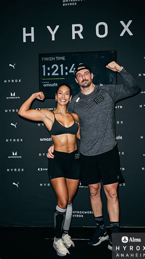 Manuela Arbelaez on Instagram: "First completed Hyrox in the books! Smiling, waving and having a time during mixed doubles with my husband (even thru the cramps). This race felt right- my mindset was clear and the bonding experience we got out of it was a 10/10. Training with Matt leading up to the race was fun and challenging. We committed to the bid and here we are. 1 race down, many more to go. Thanks for not only being the best life partner but also my workout buddy and daily motivator. @mat